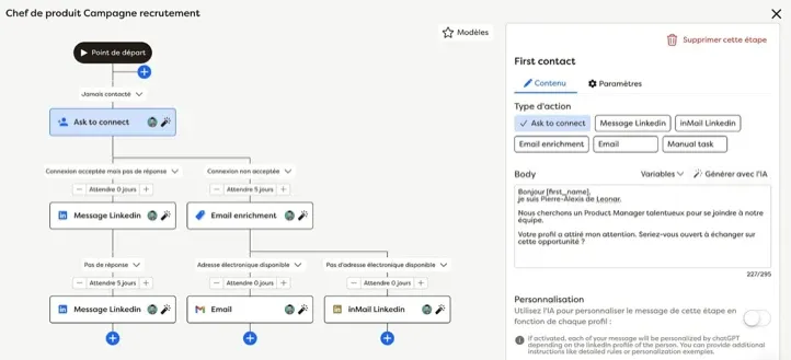 Recruitment campaign workflow showing first contact and connection strategies