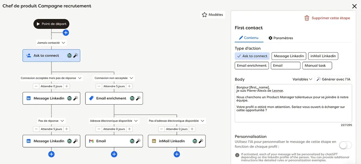Recruitment campaign workflow showing contact strategy with LinkedIn and email