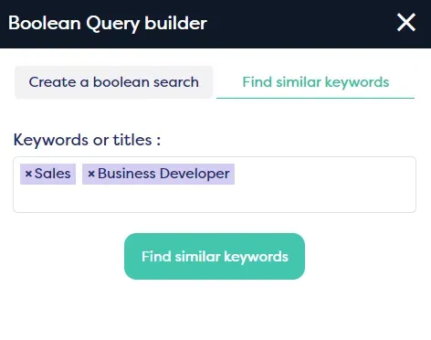 Boolean query builder interface with sales and business developer keywords