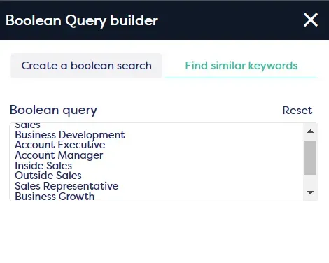 Boolean query builder interface listing various sales and business roles