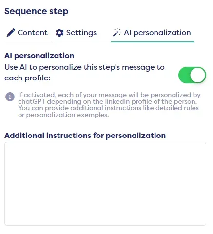 AI personalization settings toggle with LinkedIn profile customization instructions