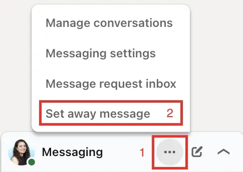 Messaging menu with set away message option highlighted