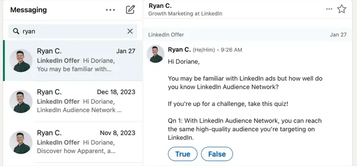 LinkedIn InMail message example in a recruiter's inbox