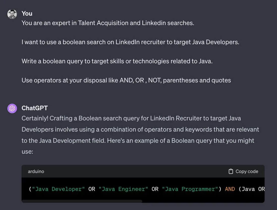 ChatGPT generating a Boolean search string for a recruiter