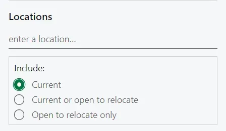 Location selection interface with radio buttons for current and relocation options