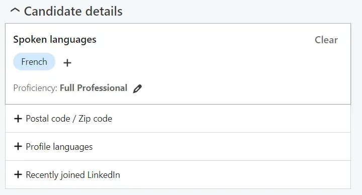 LinkedIn profile section showing French language proficiency selection