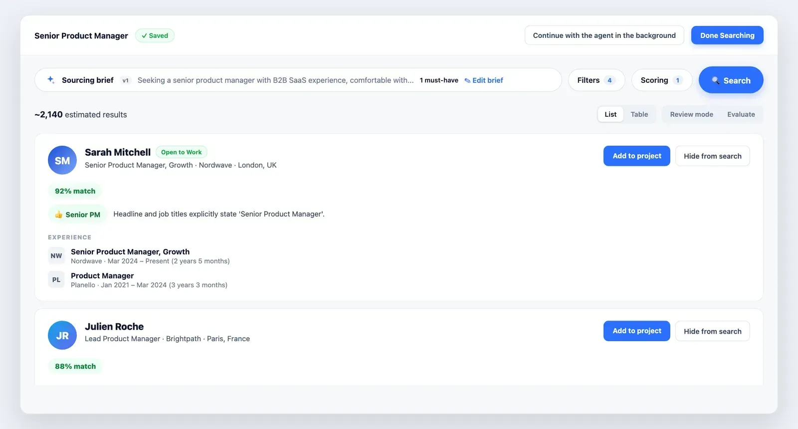 Leonar sourcing interface showing an AI sourcing brief and candidates scored with a match percentage