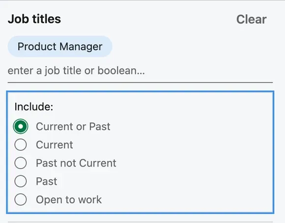 Job titles filter interface with Product Manager selected