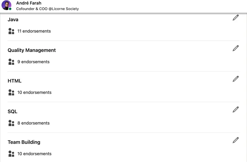 LinkedIn skill endorsements for Andre Farah, listing Java, Quality Management, HTML, SQL, Team Building
