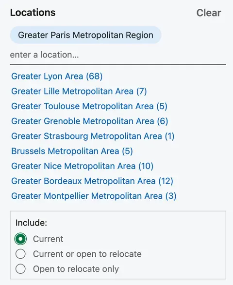 Location selection screen for French metropolitan areas with Paris highlighted