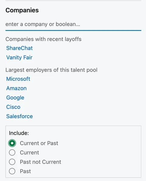 Companies search interface showing recent layoffs and largest tech employers