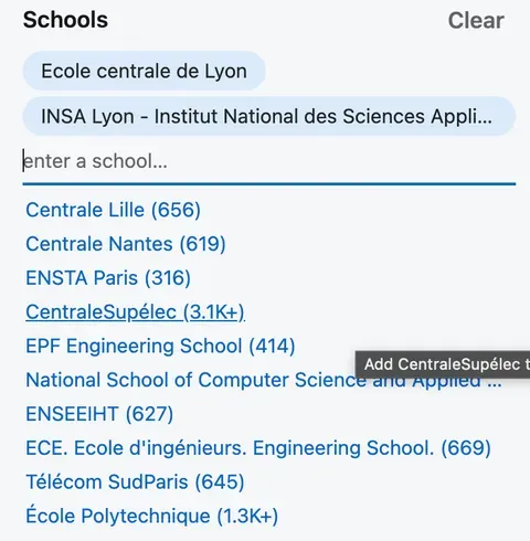 List of French engineering schools with search and selection interface