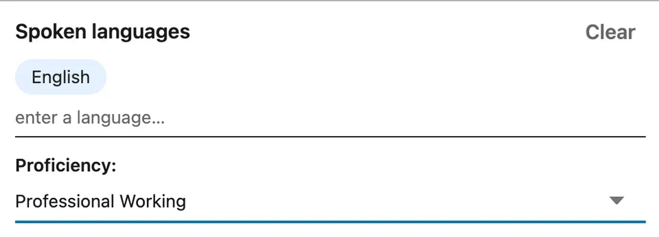 Language selection interface with English highlighted and proficiency dropdown