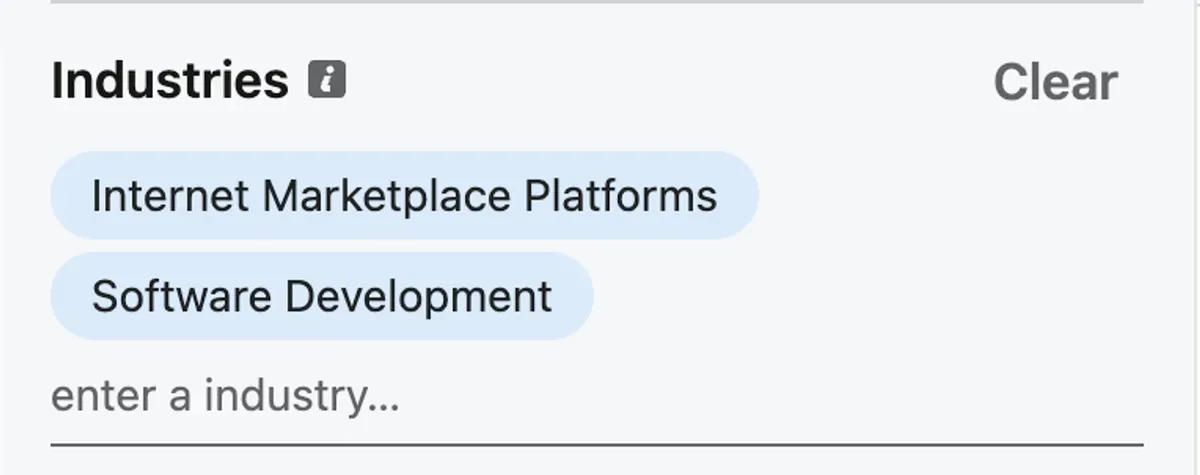 Industries selection screen with Internet Marketplace Platforms and Software Development