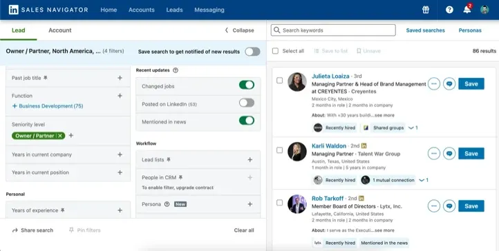 LinkedIn Sales Navigator lead search interface with profile results