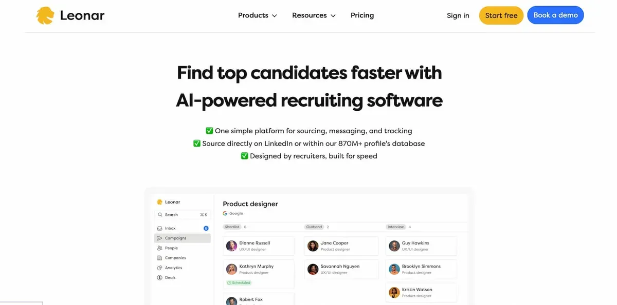 Leonar AI recruiting software interface showing candidate tracking and sourcing