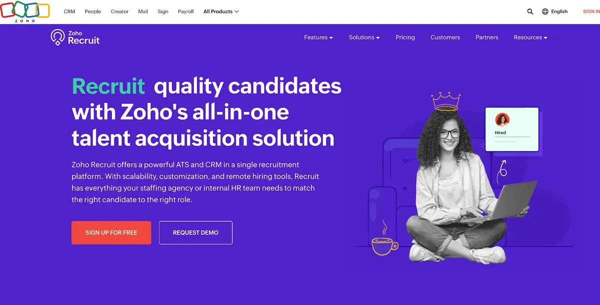 Zoho Recruit webpage showcasing talent acquisition solution with smiling person